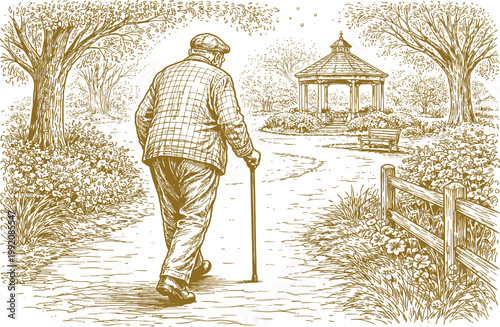 Old Man Walking With Cane Toward Park Gazebo
