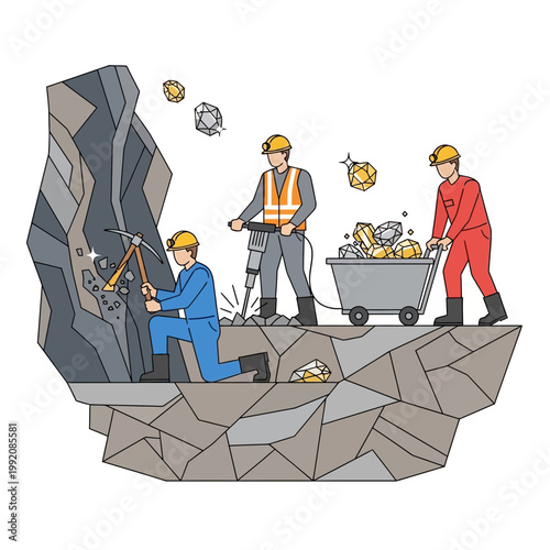 Miners extracting precious gems from a rocky mine with tools and cart
