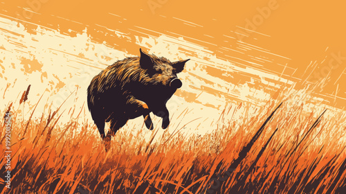 A stylized illustration features a wild boar leaping through tall grass against a warm, orange-toned sky