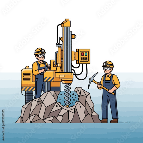 Miners operate drilling machine and pickaxe on rock formation, mining industry concept