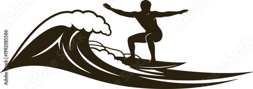 Surfer riding big wave sport recreation silhouette extreme activity water ocean surf board.