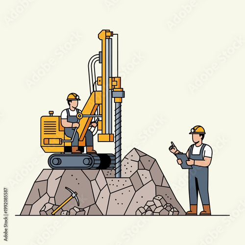 Miners operating drilling machine on rocky terrain for geological survey or construction