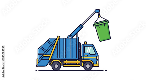 A robust blue sanitation truck utilizes a powerful mechanical crane arm to lift a large green waste bin for collection against a clean white backdrop.