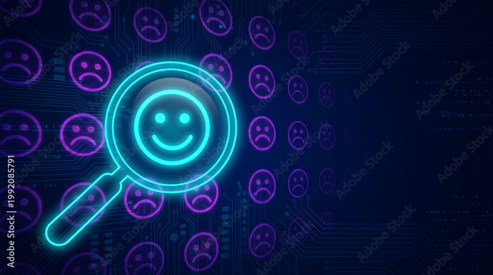Obraz premium Glowing Happy Face Icon Under Magnifying Glass on Dark