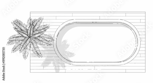 Sketch of a palm frond and an oval frame on a wood-plank background