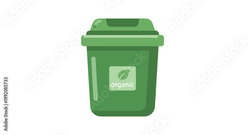A sleek green compost bin features a prominent white square label with a stylized leaf icon and the word organic printed in a clean font on a white backdrop.