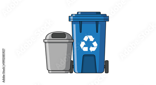 A standard gray trash can stands beside a taller blue recycling bin marked with a prominent white universal recycling symbol on a clean white background.