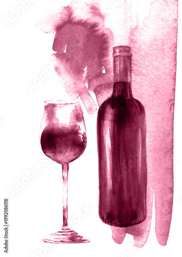 Wine watercolor poster illustration. Abstract red wine bottle, wineglass, texture. For food and drink background, wine list, party invitation, menu.