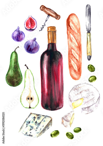 Wine watercolor illustration. Red wine bottle, wineglass, snack, cheese, fruits, grapes, grape leaf. For food and drink background, wine list, party invitation, menu design.