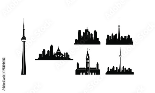 Toronto skyline and parliament hill buildings vector silhouette city landmark illustration.