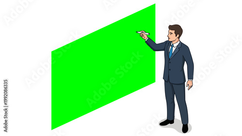 Businessman Writing on a Large Green Screen Display