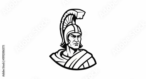 Stylized black and white depiction of a warrior's head and shoulders