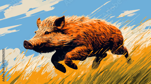 Digitally painted illustration of a running boar in a field of tall grass with a blue sky background