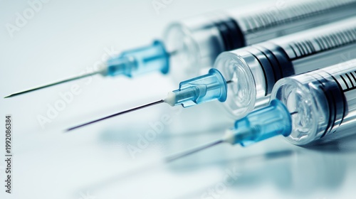 Close up of several sterile disposable syringes with caps ready