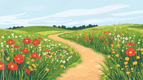 A picturesque landscape illustration featuring a winding path through a meadow filled with wildflowers