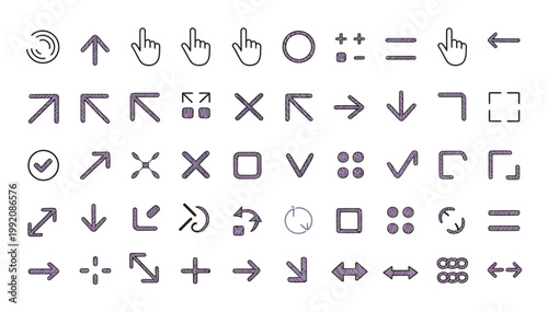Large set of modern outline and solid icons for cursors, arrows, and UI elements