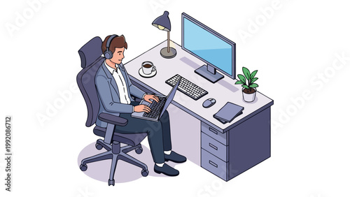 Isometric Office Worker with Headset Working on Laptop at Desk