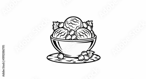 Stylized black and white drawing of a bowl filled with ice cream scoops and berries