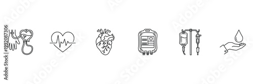 Blood donation and cardiology medical icon set featuring transfusion, heart beat, anatomical heart, blood bag, and iv drip vector illustration.