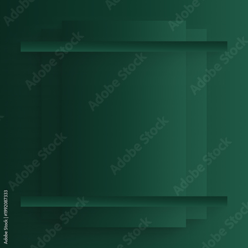 Abstract geometric dark green background with horizontal frame and layered square shapes, minimalist gradient modern design, clean composition with copy space, contemporary digital backdrop