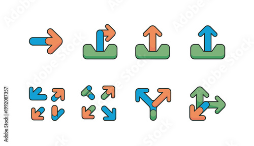 Vibrant arrow icons illustrating direction, uploads, downloads, and expansion on a clean white background