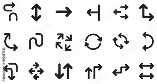 Set of black and white arrow icons for direction, navigation, and circular motion on white background