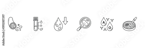 Blood medical analysis icon set featuring vessel structure test tube drops under microscope blood types and petri dish vector illustration.