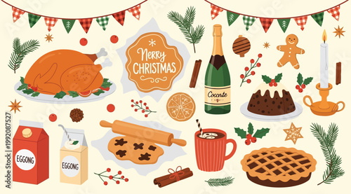Christmas dinner elements set with roasted turkey, eggnog, gingerbread man, champagne, and holiday decorations