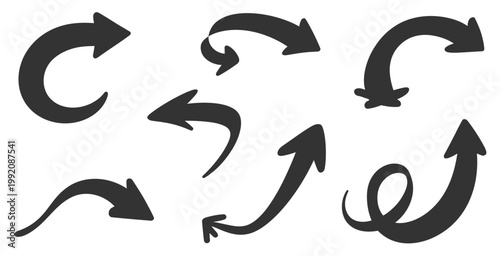 Collection of seven hand-drawn black arrows on a white background, vector illustration