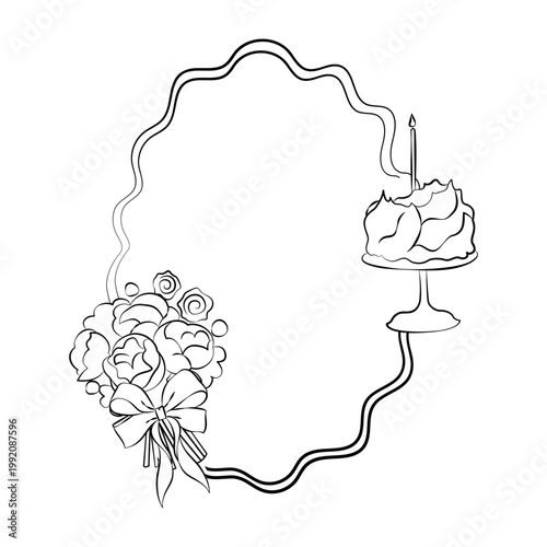 Hand-drawn frame card template with birthday cake and flower bouquet graphic illustration for party decor, cards, menu, invitation