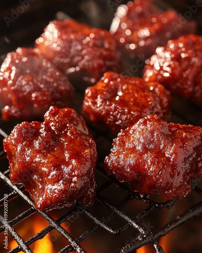 Close up of sizzling bacon fat coated grilled meat