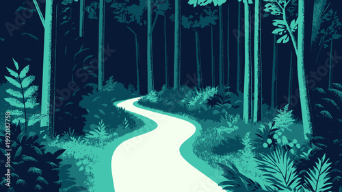 A stylized illustration of a path winding through a deep forest with tall trees in monochromatic colors