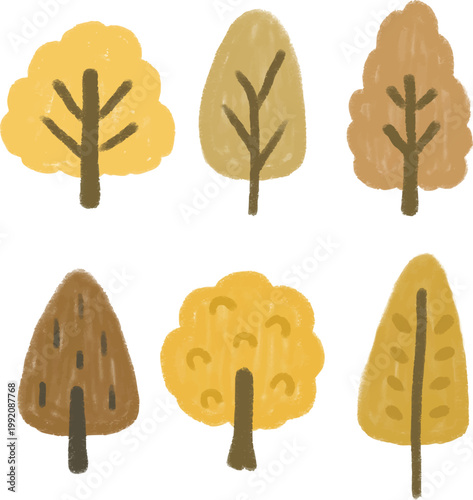crayon autumn tree set fall pencil chalk children style kids core illustration