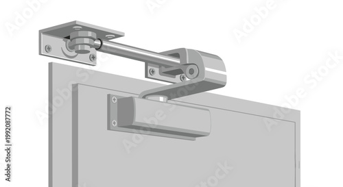 A sturdy gray hydraulic automatic door closer mechanism is meticulously mounted to the upper corner of a door frame against a neutral bright background.