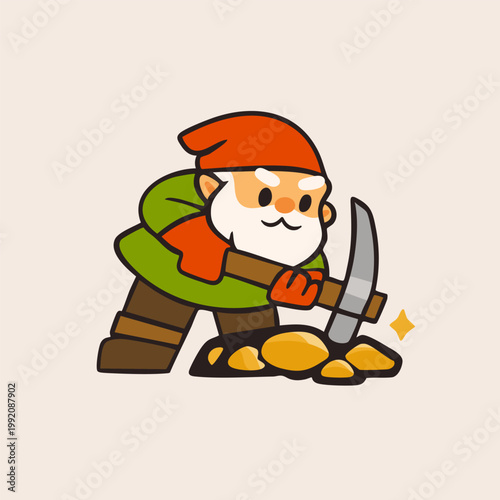 Gnome Miner with pickaxe, hat, gold nuggets. Cute little character. Hand drawn Vector illustration. Isolated design element. Treasure mine, mobile game, casino concept