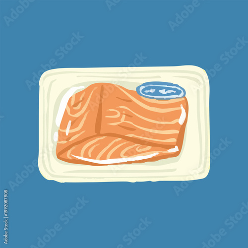 Fresh raw salmon fish fillet packed in supermarket styrofoam tray flat style food illustration
