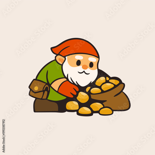 Gnome Miner with sack full of gold nuggets. Cute little character. Hand drawn Vector illustration. Isolated design element. Treasure mine, mobile game concept