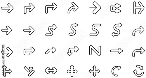 Collection of diverse arrow icons in a clean, modern outline style for graphic design.
