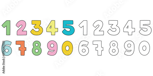 Hand-drawn cartoon and doodle set of numbers on a white background.