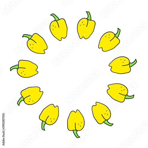 Cute round wreath with doodle yellow bell peppers isolated on white background. Natural vegetables in circle shape. Fresh vector illustration.