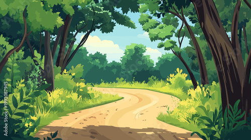 A scenic illustration showcases a winding dirt road through a vibrant, lush forest, under a clear sky