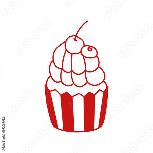 Cute hand drawn cupcake with whipped cream and berries in minimalist Mediterranean line art style isolated on white background. Doodle outline portion cake with cherry and blueberry.