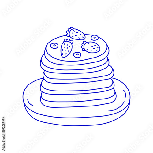 Cute hand drawn appetizing stack of pancakes with strawberries and blueberries in Mediterranean line art style isolated on white background. Doodle outline traditional sweet American breakfast.
