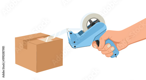 A human hand firmly grips a blue plastic tape dispenser gun while applying clear adhesive packing tape to seal a brown cardboard shipping box securely.