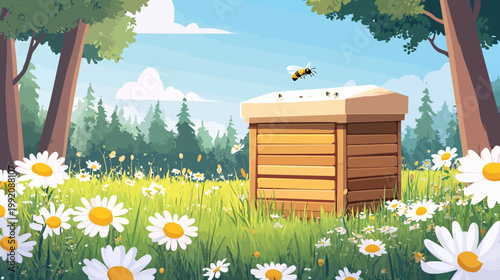 A vibrant digital illustration of a bee flying towards a wooden beehive amid a meadow of daisies