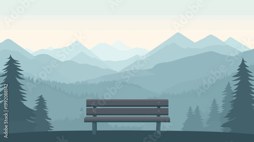 A serene landscape illustration of a wooden bench overlooking layers of mountain ranges with pine trees