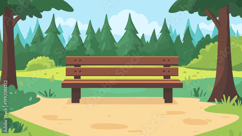A park scene with a wooden bench, trees, and path. Lush greenery and blue sky complete the idyllic view