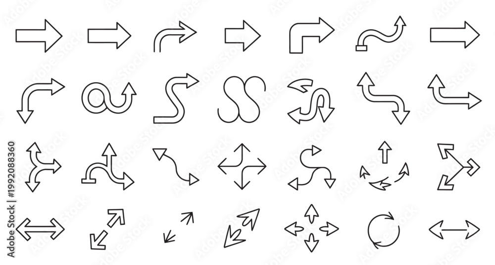 Fototapeta premium Assortment of various arrow symbols and pointers in a simple, versatile outline style.