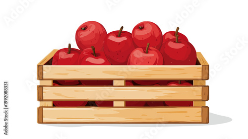 Illustration of a wooden crate overflowing with ripe, red apples, against a plain white background