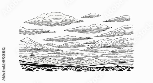 Stylized black and white drawing of a vast, cloudy sky over a rugged, barren landscape